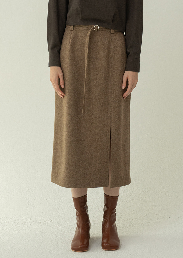 Belted Slit wool Skirt - Brown